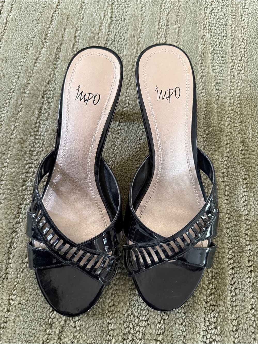 Impo Black Patent Slip-On Kitten Heel Sandals